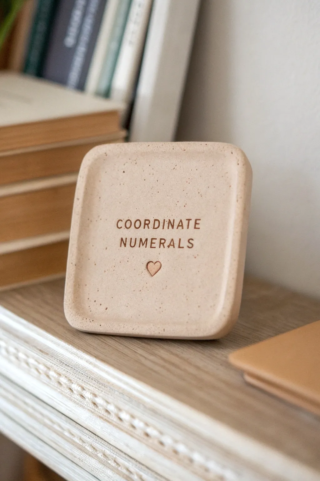 Minimalist clay coordinates plaque with a tiny heart marker, a sweet keepsake for your boyfriend