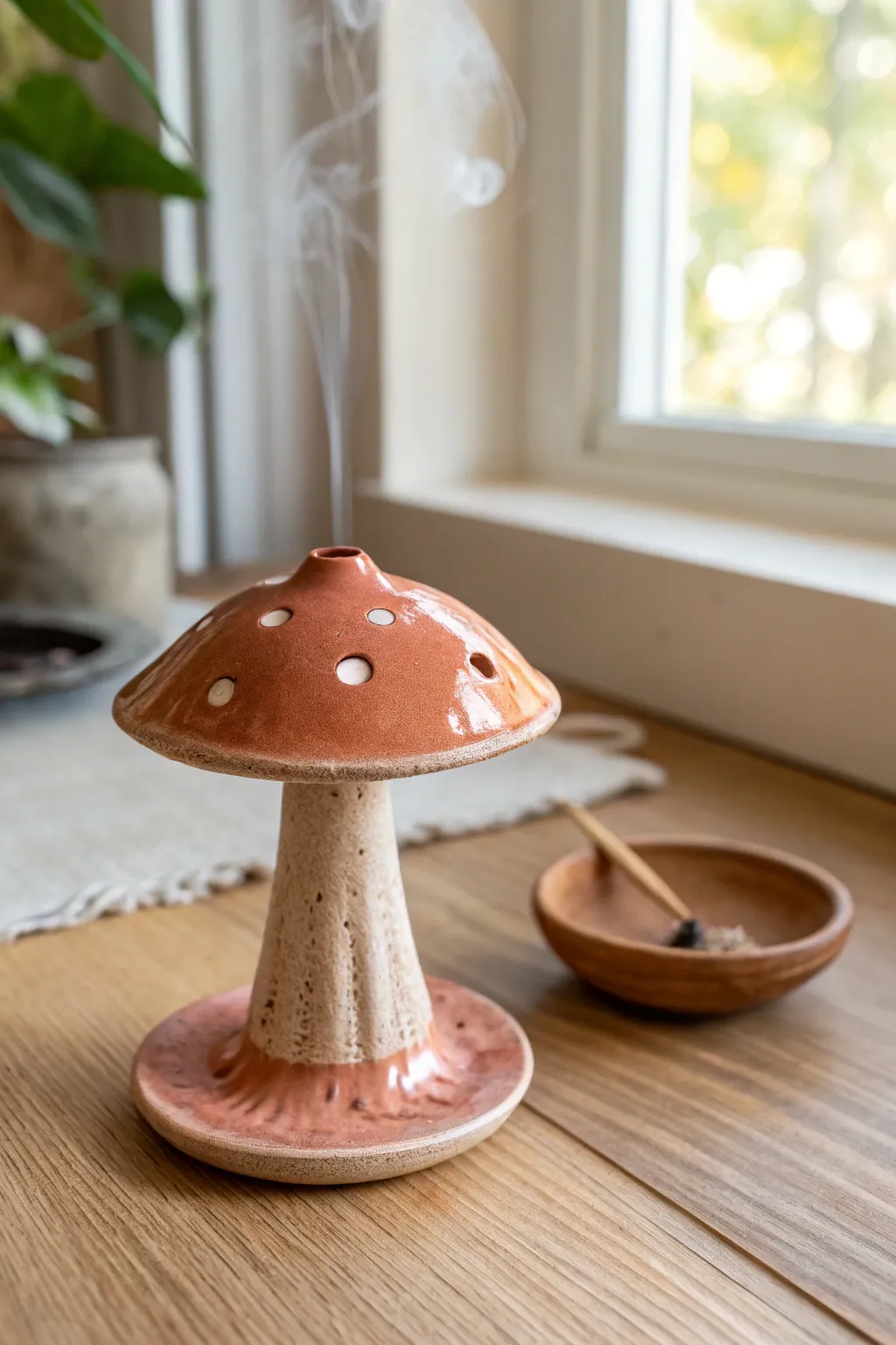 Minimal clay mushroom incense holder in warm earthy tones, styled softly with Scandinavian calm