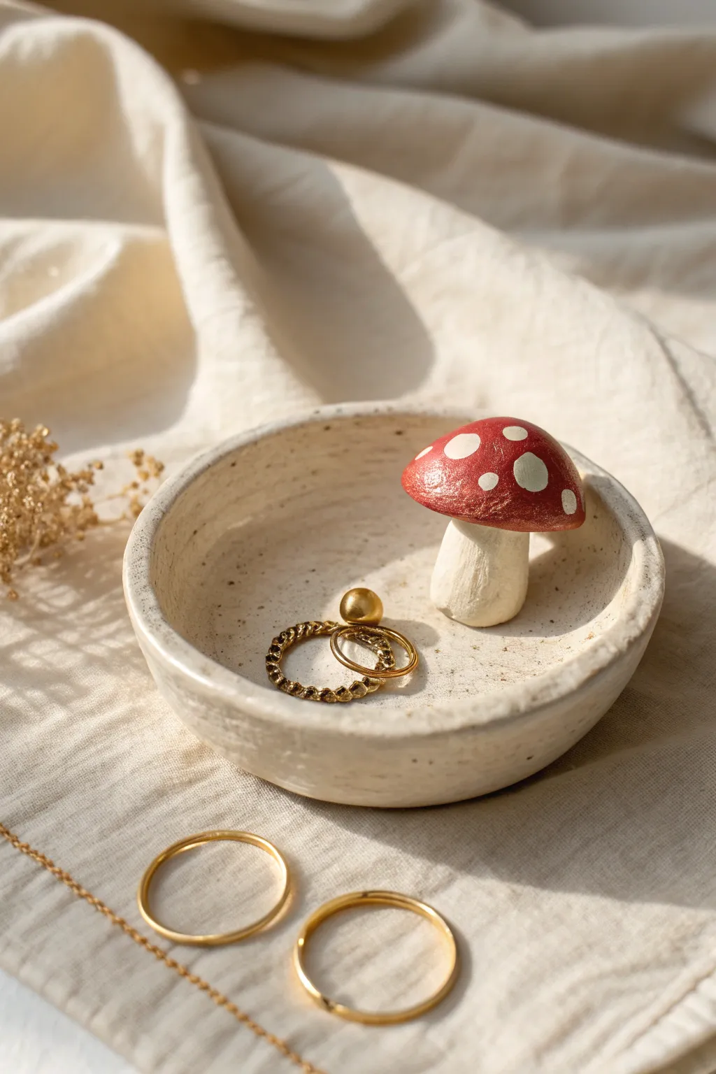 Minimalist mushroom jewelry dish with ring perch, cute handmade clay accent for your vanity.