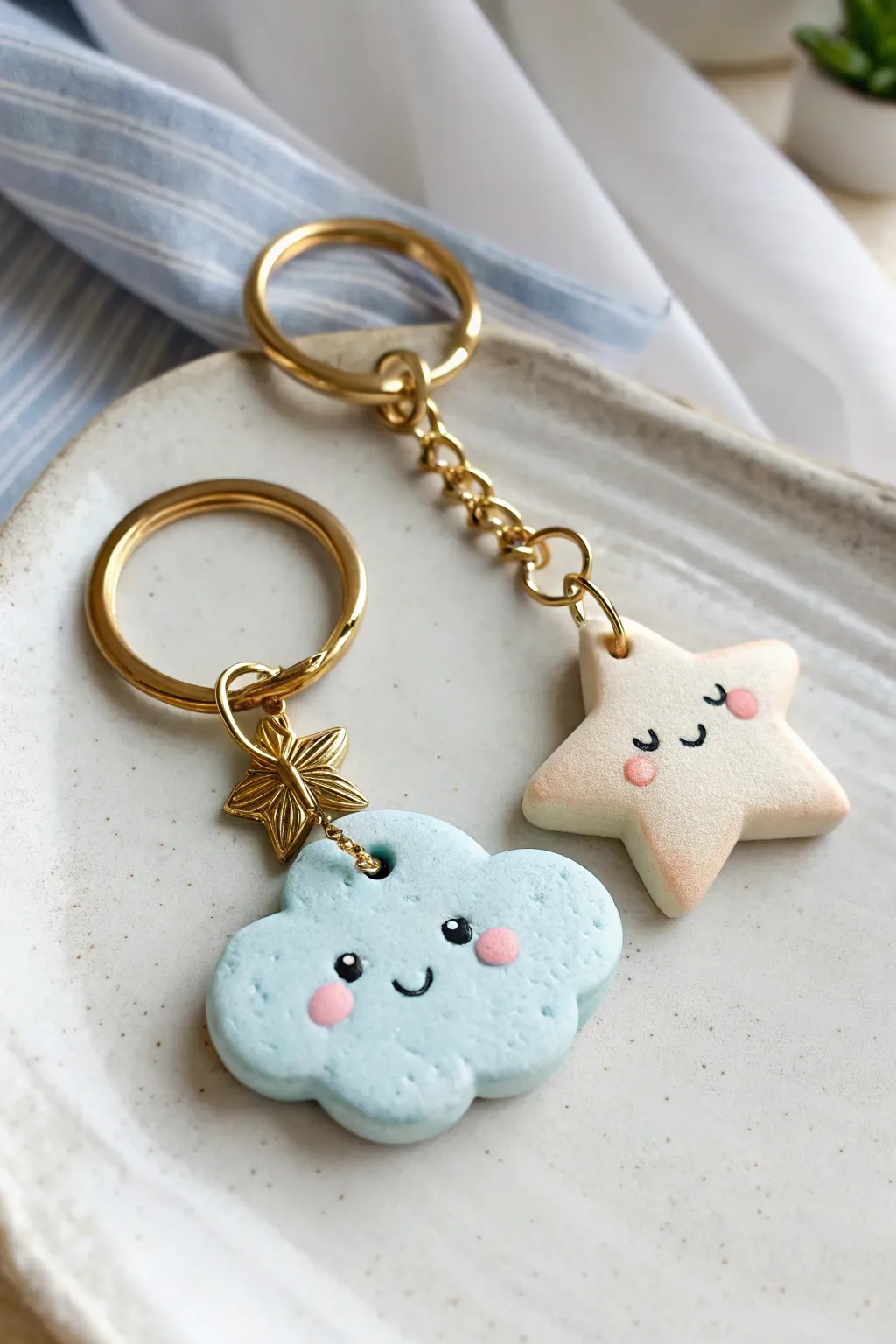 Mini cloud and star clay keychain duo in soft blue and cream, simple, sweet, and handmade