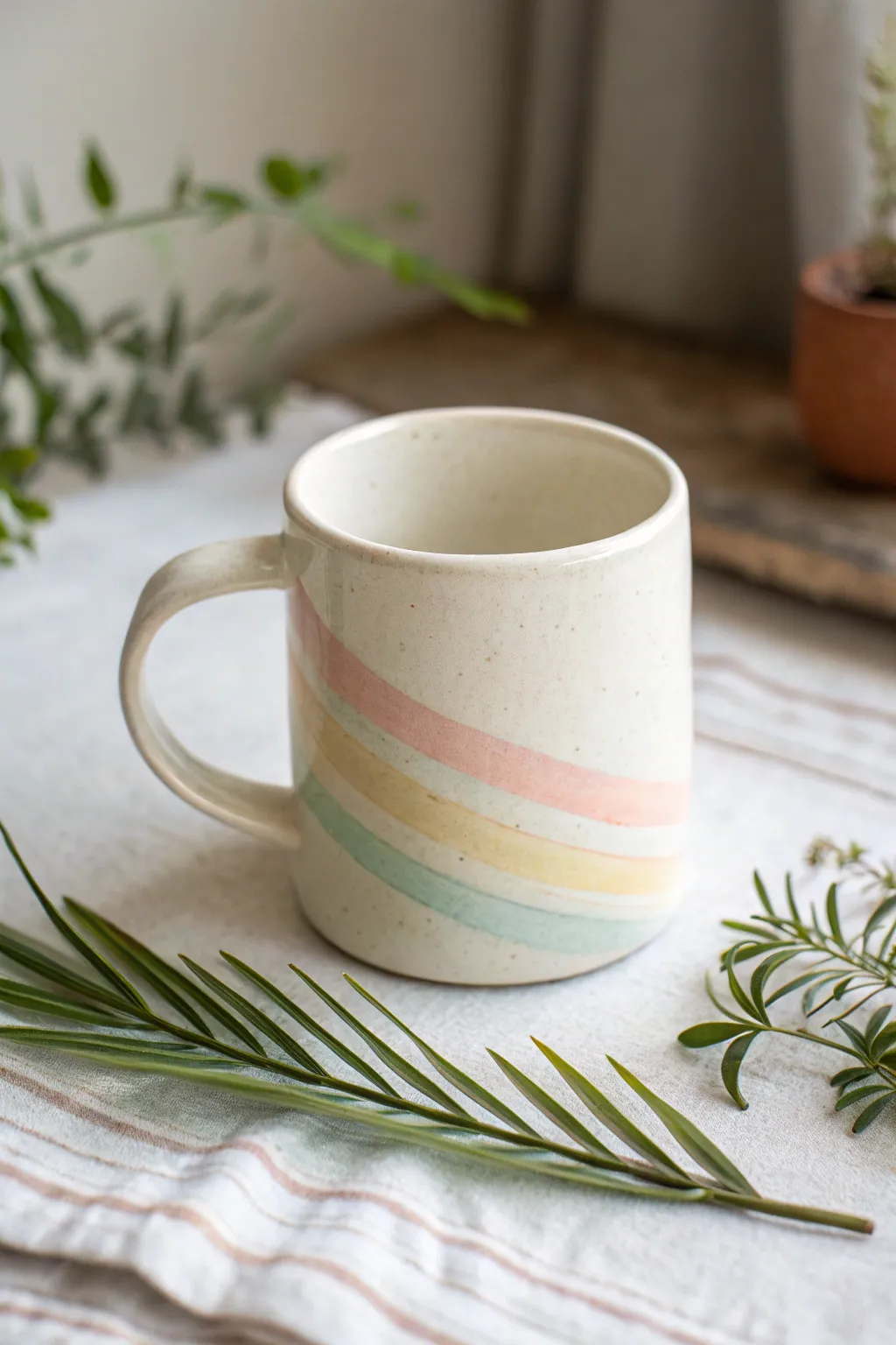 Minimalist glossy mug with a pastel rainbow arch handle for the sweetest cozy coffee moment.