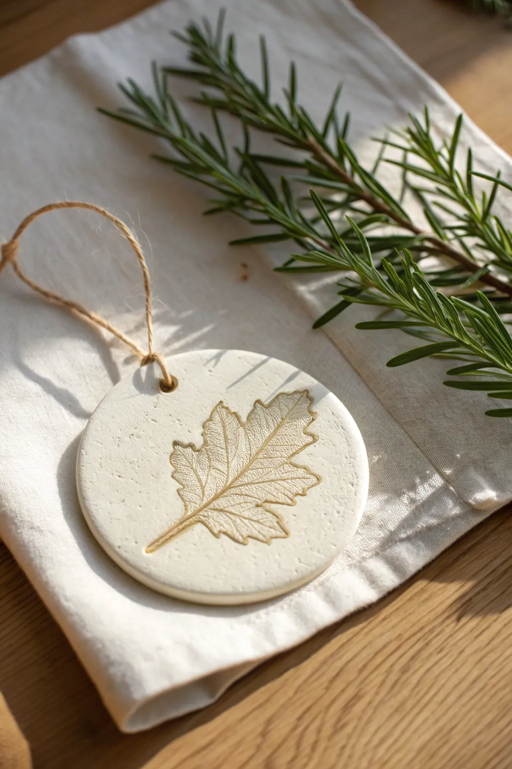 Botanical imprint clay disc ornament with pale wash, styled with fresh sprigs on linen.