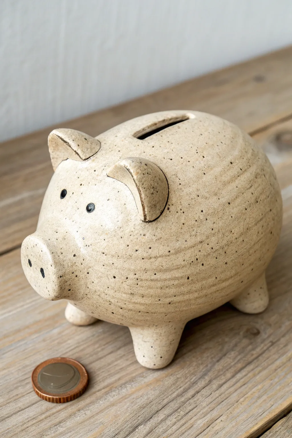 Chunky coil-built piggy bank with a sweet snout, coin slot, and warm handmade texture.