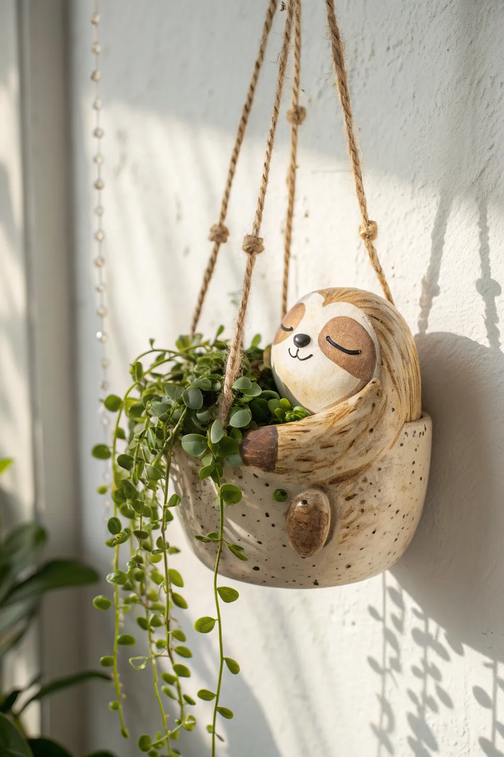 Sleepy sloth hanging planter with trailing greenery, a minimalist clay cutie for cozy spaces.