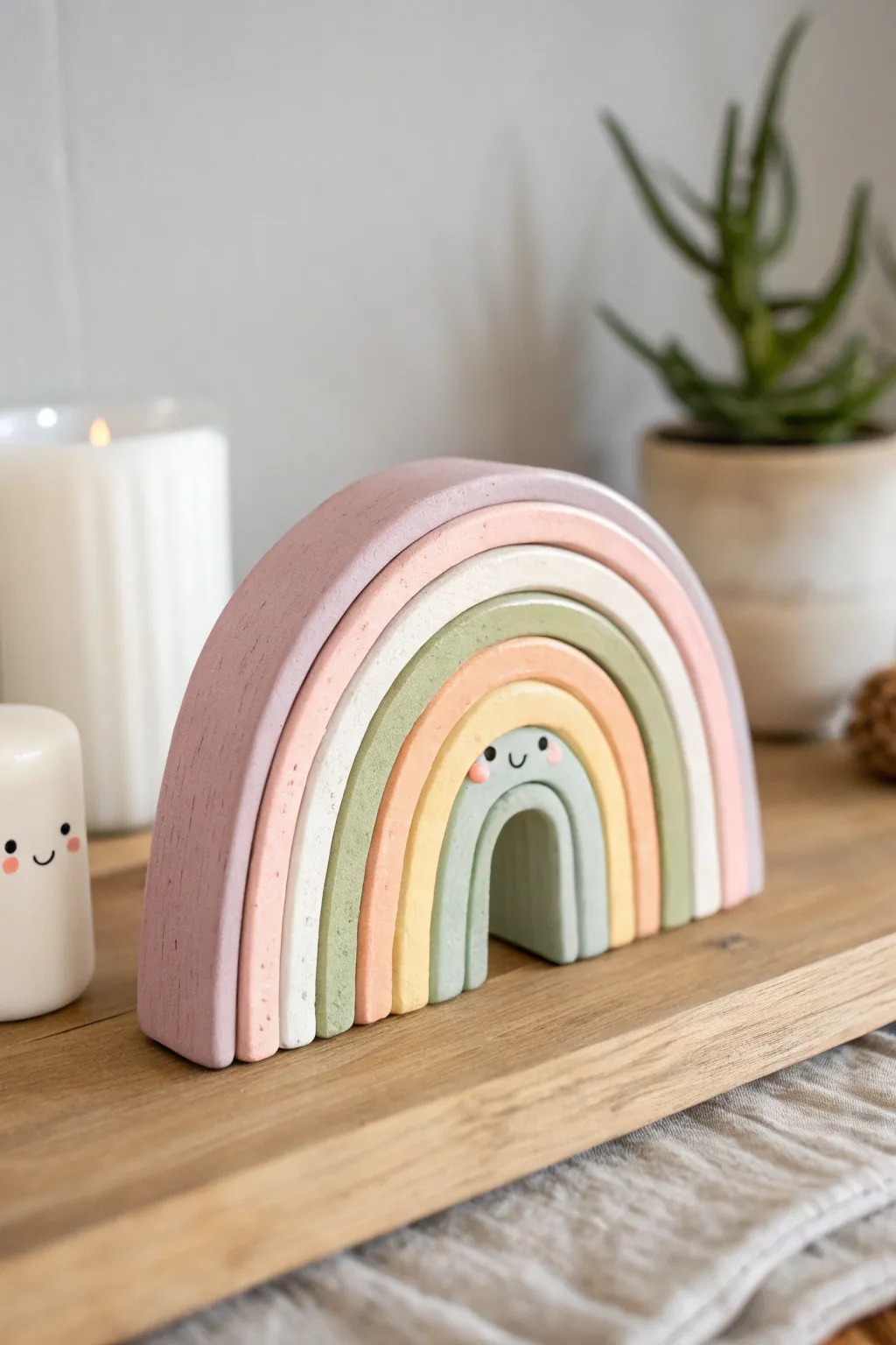 Muted pastel rainbow arch shelf sitter with a sweet face for cozy Scandinavian boho shelves.