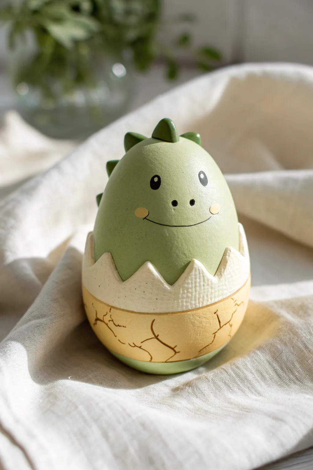 Sweet baby dino egg rattle with bold cracked shell details in a clean minimalist style