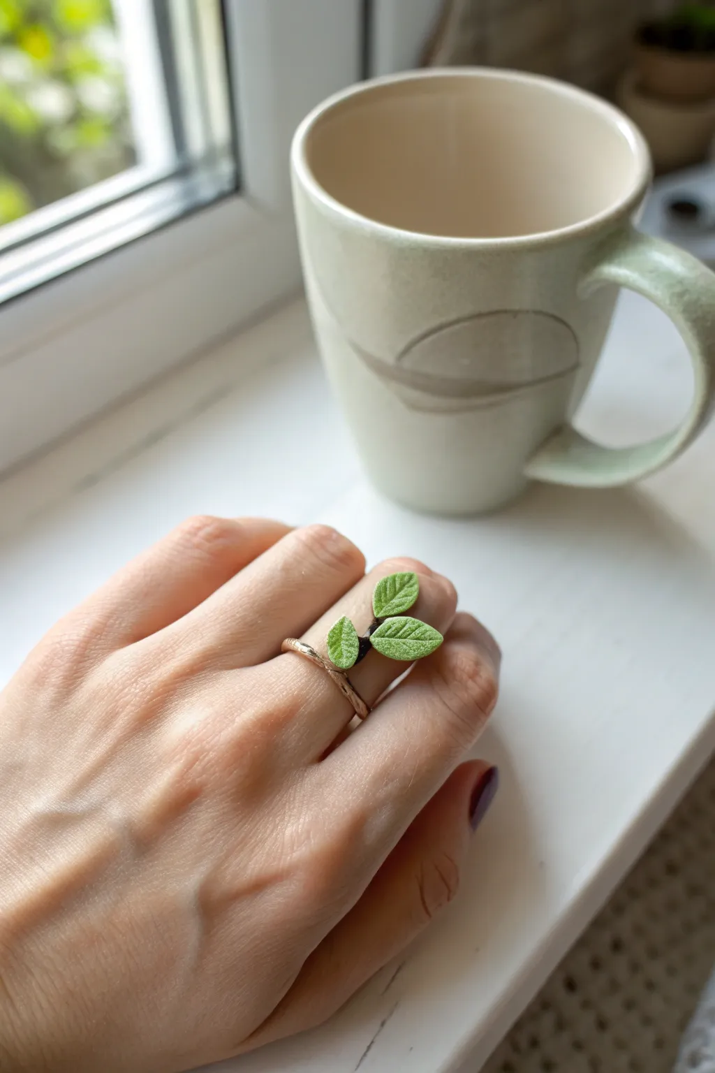 Tiny leaf sprout clay ring with delicate veins, styled in cozy minimalist boho studio light