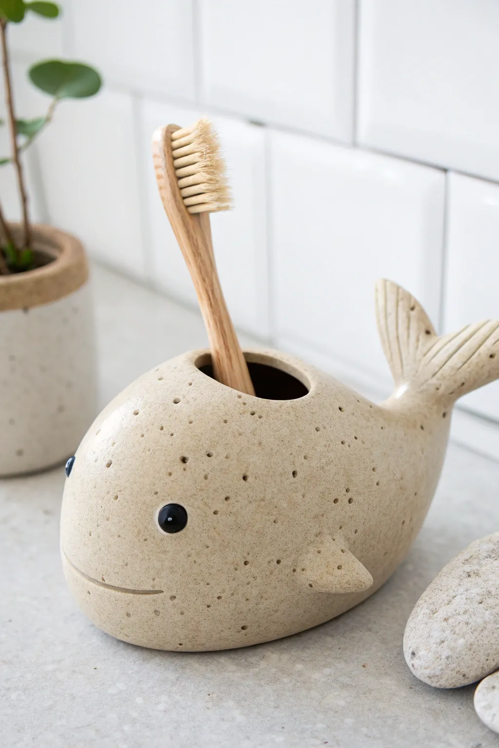 Whale buddy toothbrush holder in soft speckled clay, minimal and charming for tidy counters.