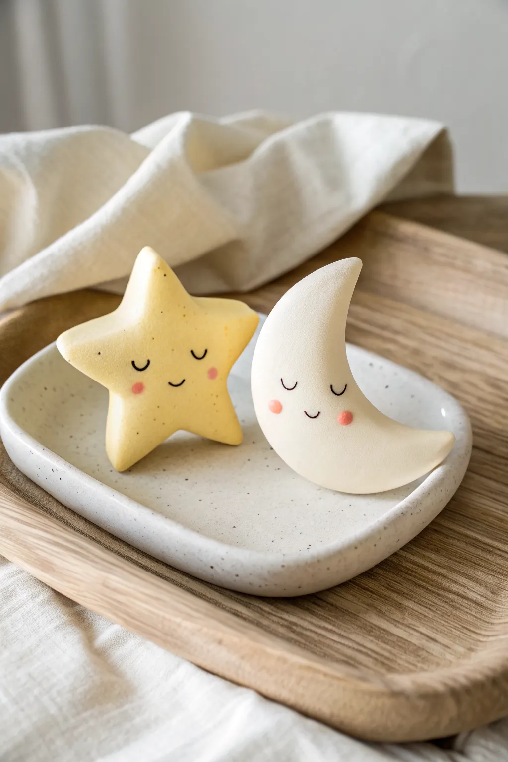 Cute star and moon clay besties in soft tones, perfect easy sculpture idea for beginners.