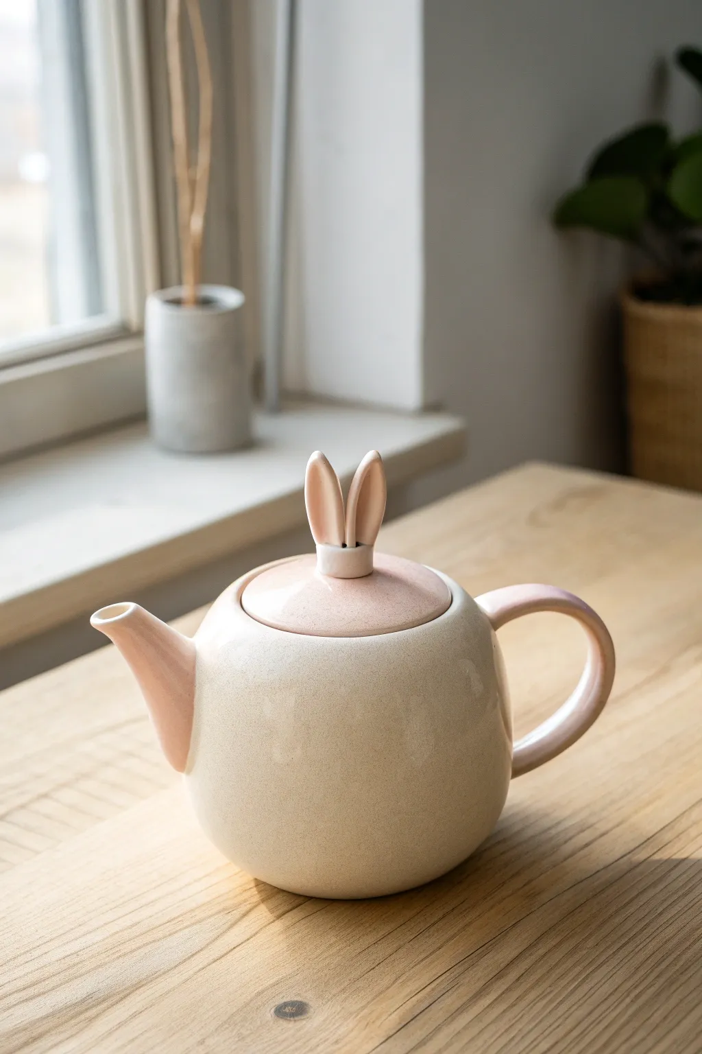 Pastel bunny-ear teapot with floppy lid and tiny tail for sweet Scandinavian minimal charm