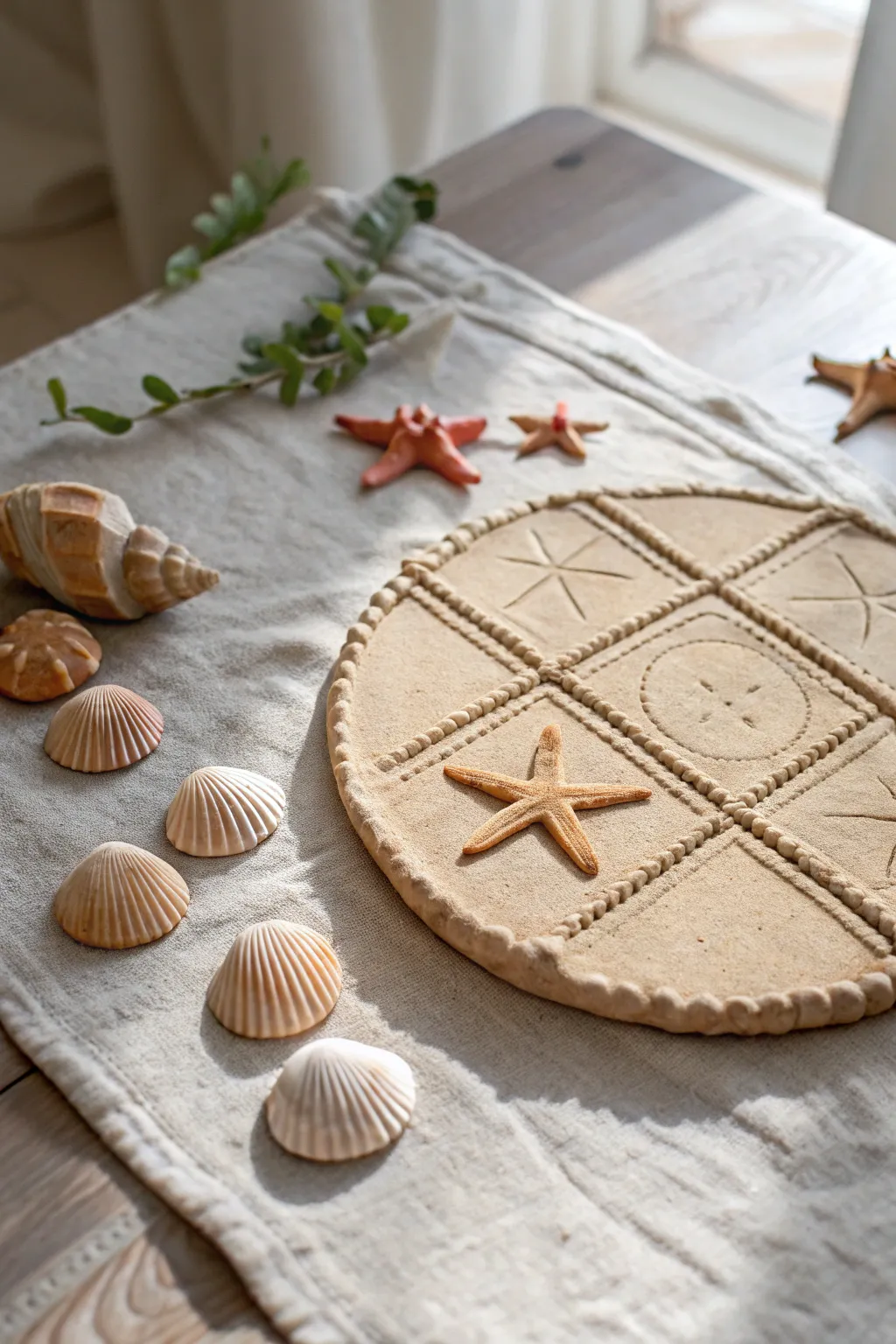 Sandy clay tic tac toe board with starfish vs seashell tokens, minimalist beachy charm.