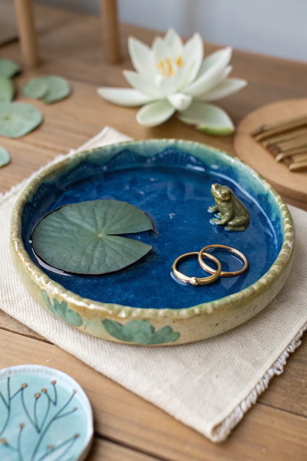Frog pond lily pad tray with a tiny frog ring holder, minimal and cute for everyday treasures.