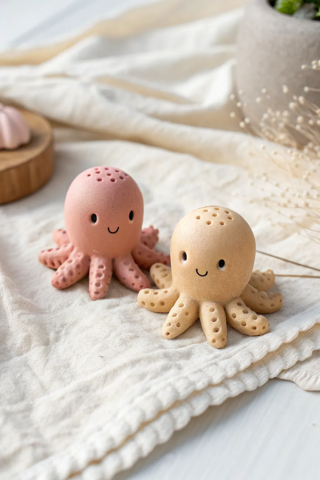 Tiny octopus couple minis in coordinated pastels, tentacles touching in a sweet minimalist pose