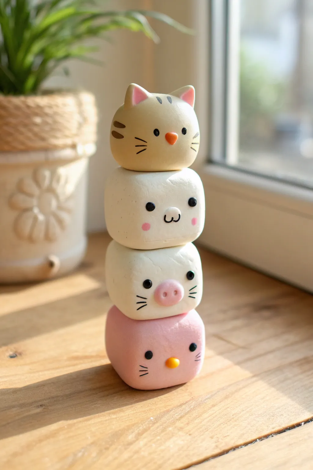 Stackable cube mini animals in soft pastels, a cute minimalist polymer clay tower