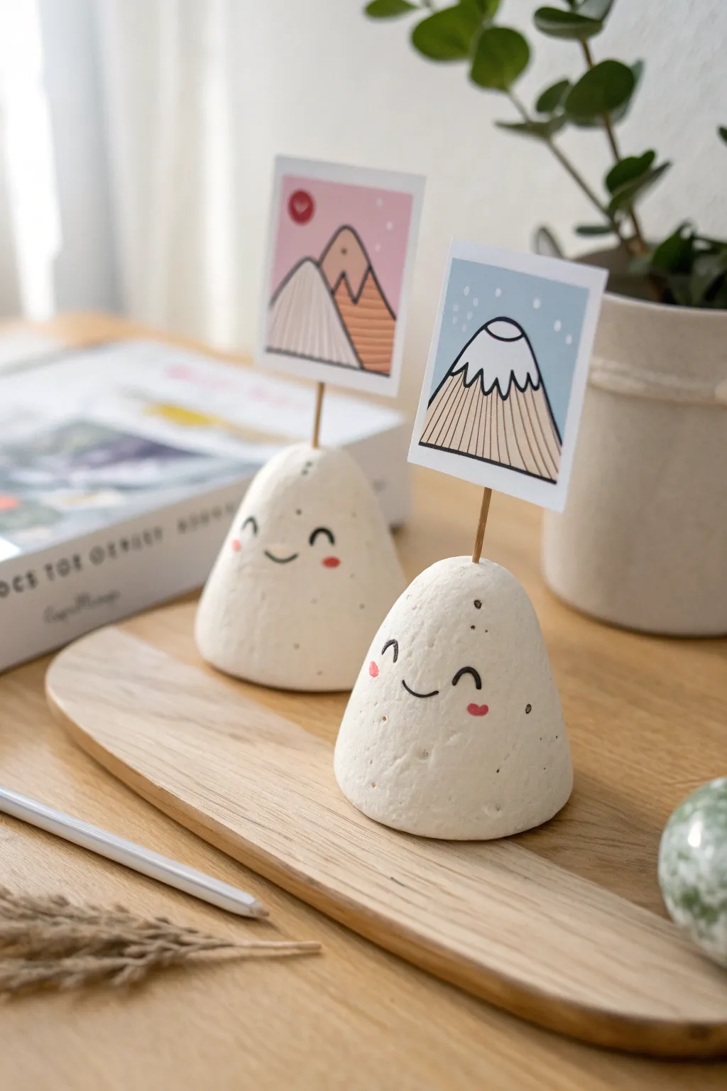Sweet mountain clay photo holders with cute faces, styled on a minimalist desk in soft light.