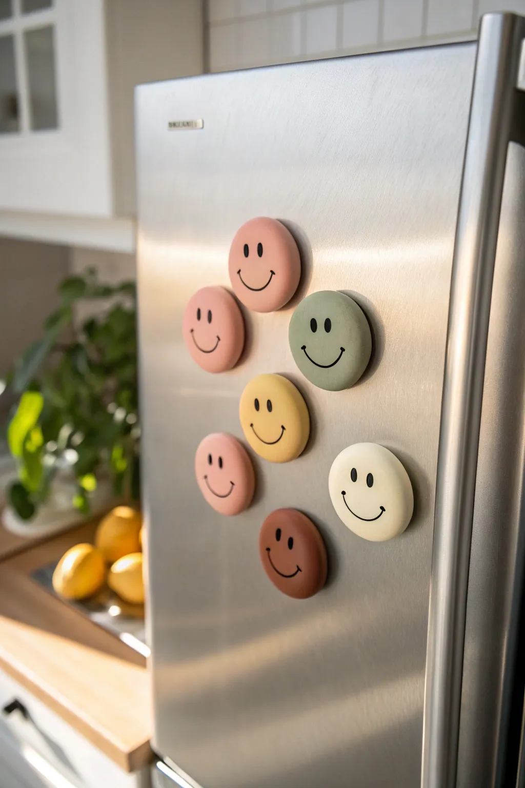 Cheerful happy face blob magnets in soft boho colors, an easy beginner clay idea for your fridge