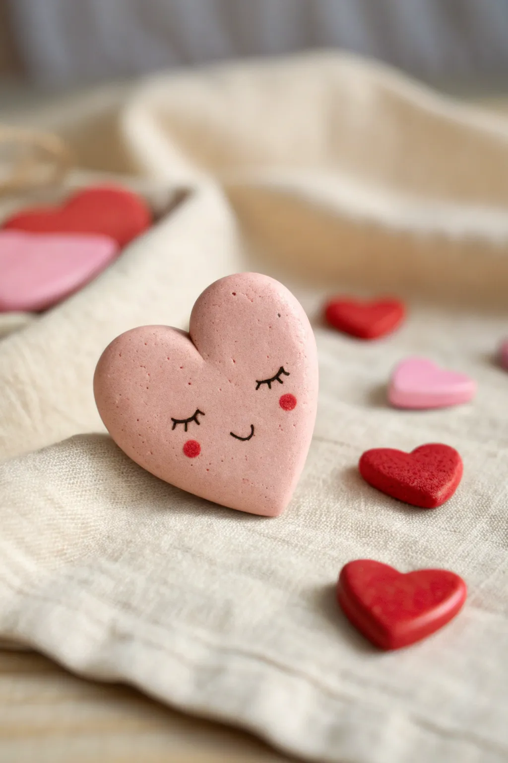 Sweet heart cheek clay tokens with simple faces, perfect pocket charms for cute easy projects.