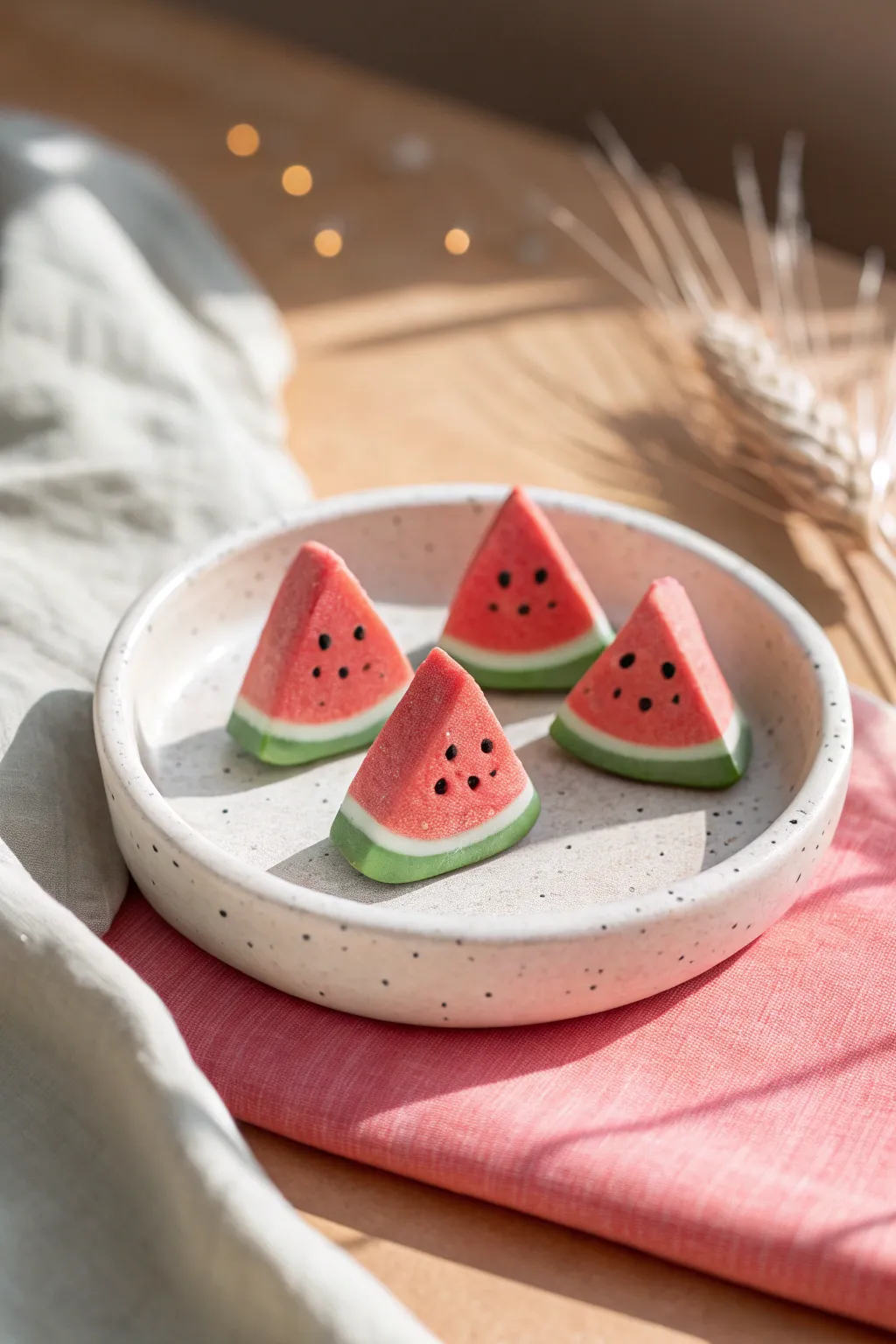 Tiny clay watermelon slice cuties with sweet smiles, perfect beginner-friendly modeling idea