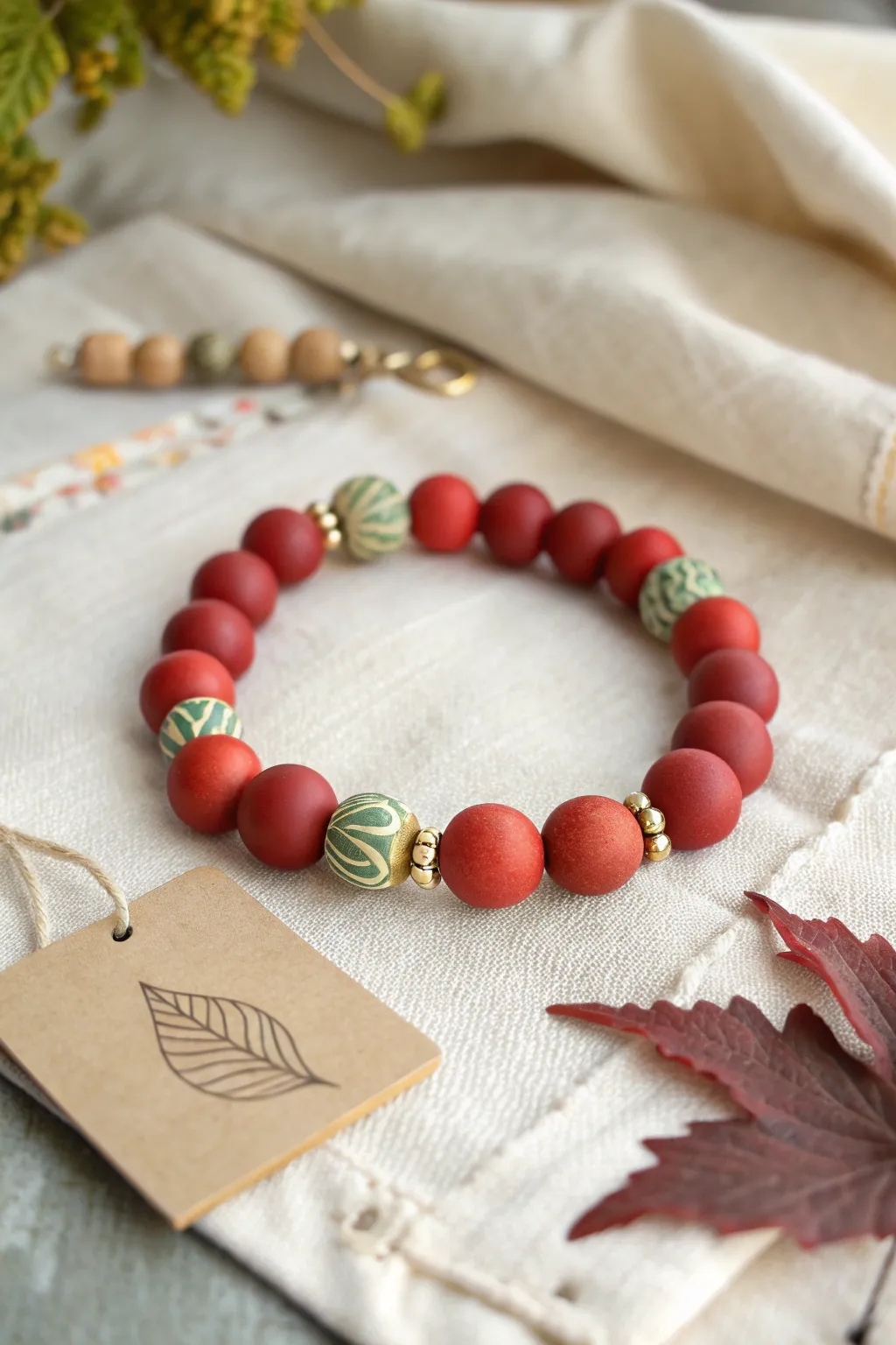 Apple red clay bead bracelet with green and cream accents for a cozy orchard fall vibe.