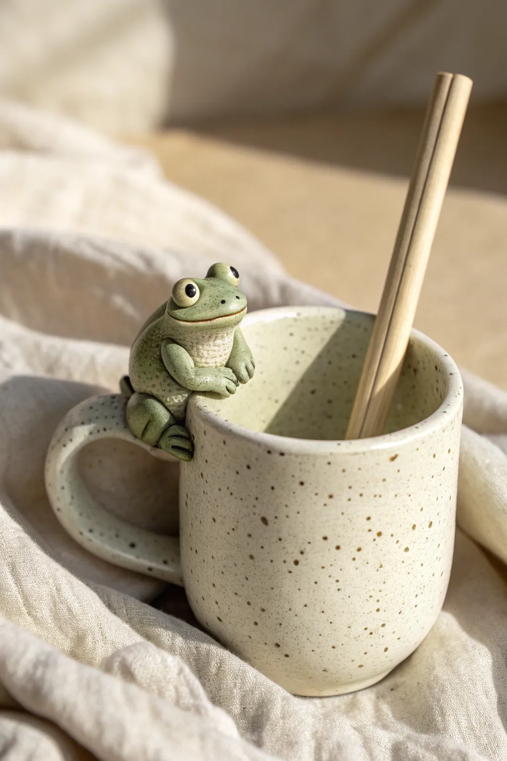 Sweet wide-eyed clay frog straw topper on a minimalist cup, Scandinavian calm with boho warmth