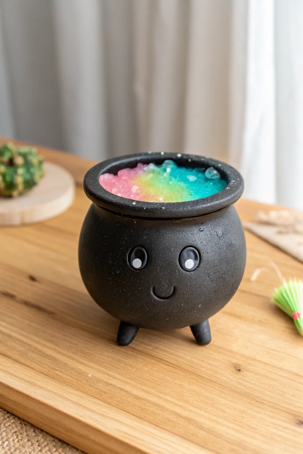 Tiny Halloween cauldron with colorful bubbling potion, minimalist and cute for cozy decor