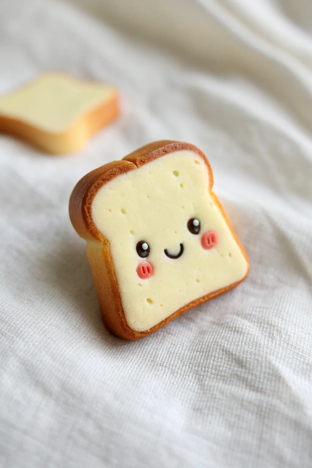 Happy Toast Mini: a simple clay toast figurine with butter, rosy cheeks, and cozy minimalist style