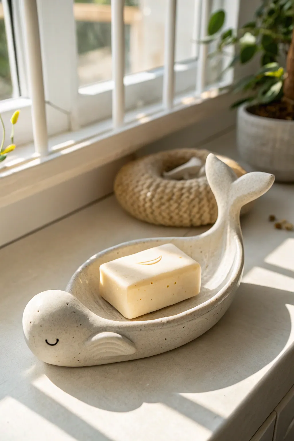 A tiny whale soap dish that keeps your soap dry and adds a sweet handmade touch to the sink.