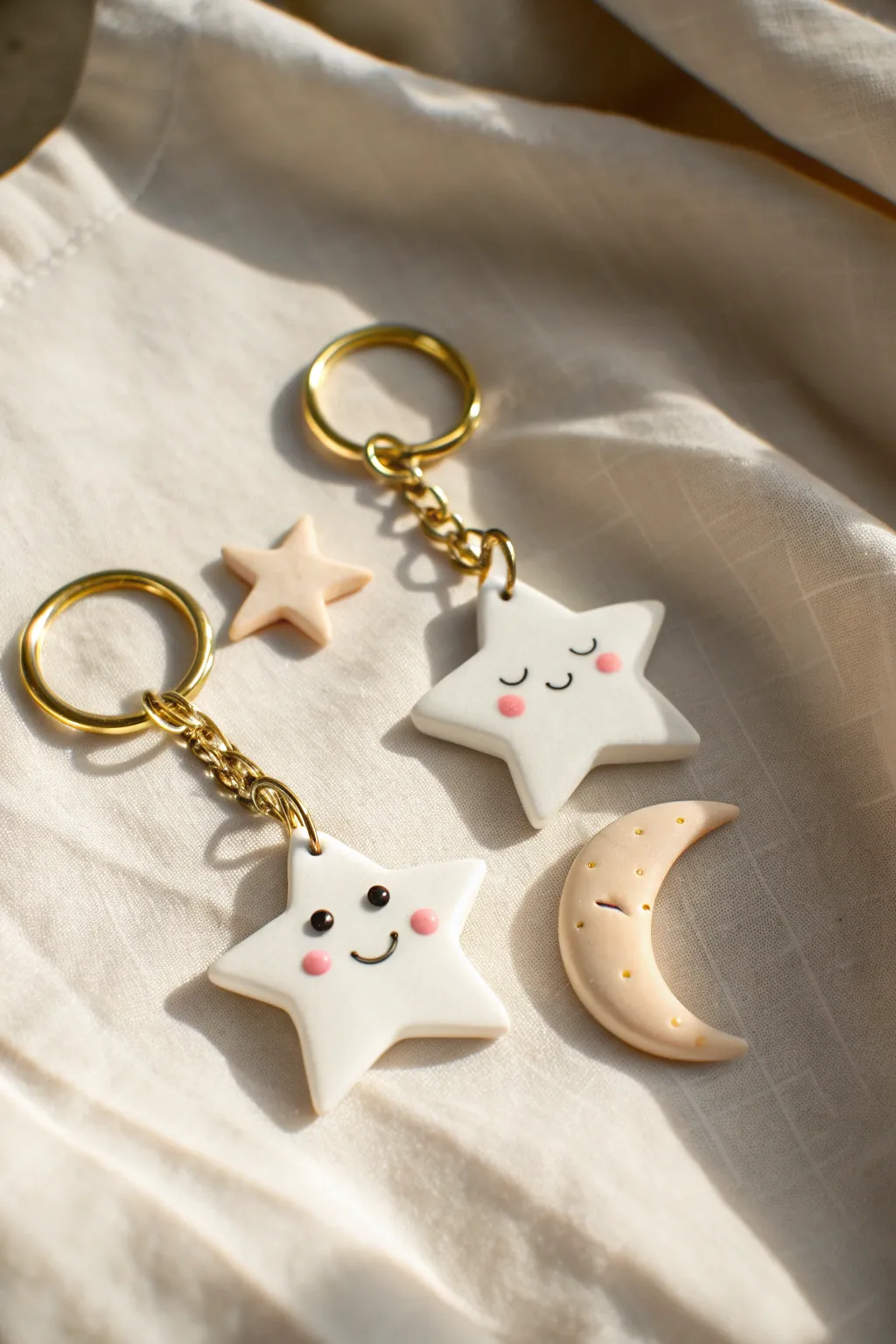 Sweet air dry clay star and moon keychain set with blush faces, minimal boho styling.