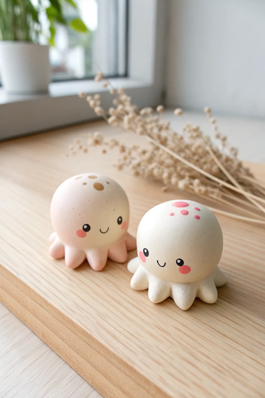 Mini octopus couple with matching blush cheeks, sweet kawaii vibes in a clean minimal setup