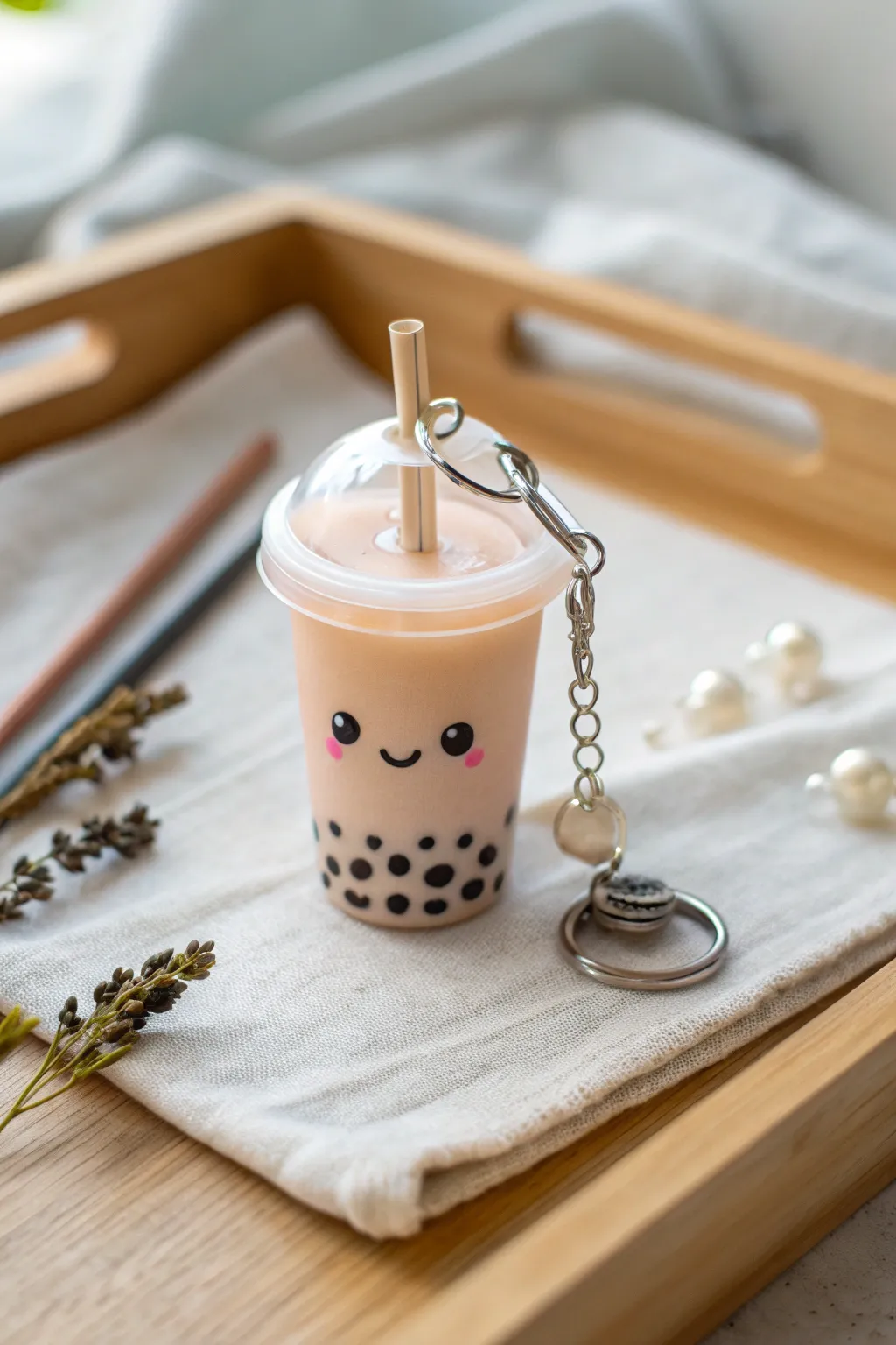 Mini bubble tea clay charm with a sweet face, tiny straw, and pearl details in soft pastel tones