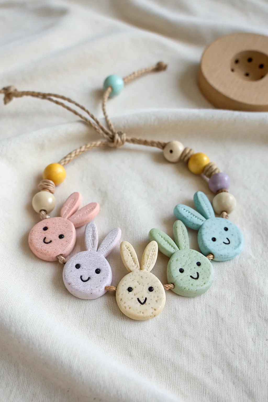 Pastel bunny head charm bracelet in matte model magic clay on a neutral linen backdrop