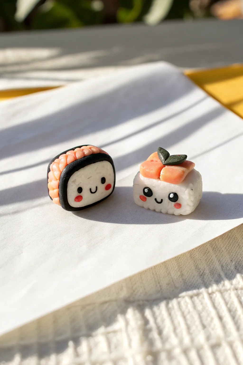 Mini sushi stud earrings in oven bake clay, sweet faces, clean lines, minimalist styling.