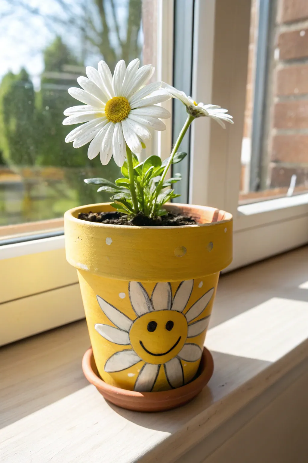 Simple happy daisy pot idea with sunny smile, perfect for brightening minimalist shelves.