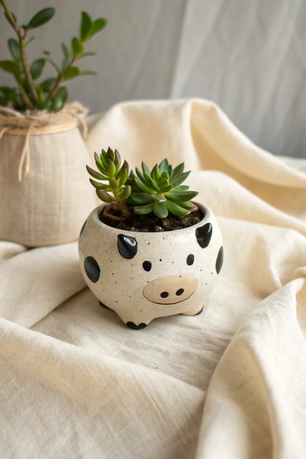 Adorable cow pinch pot planter with a sweet snout detail, styled simply with a tiny succulent.