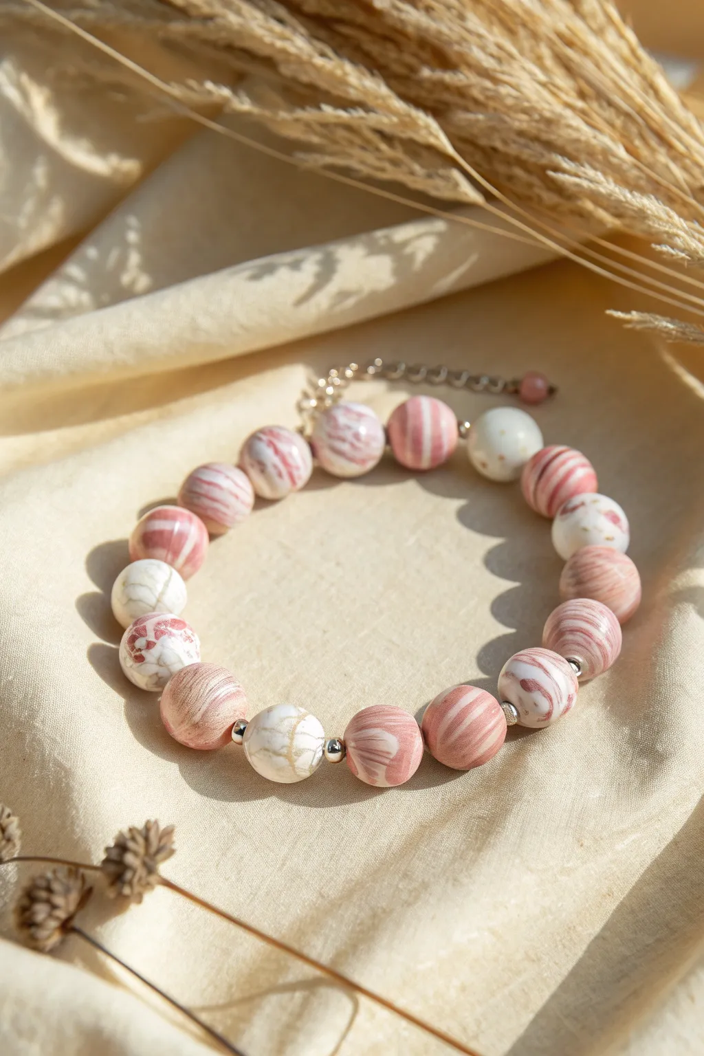 Rosey marble pink beads in a matte bracelet, minimalist and softly boho with clean contrast.