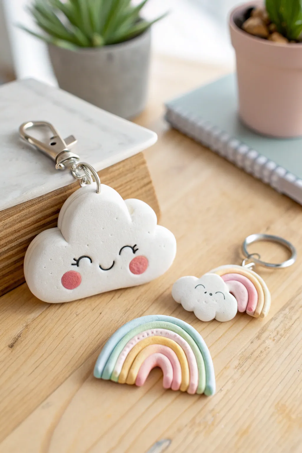 Sweet cloud and pastel rainbow pocket buddies on warm wood, minimalist and boho-cute