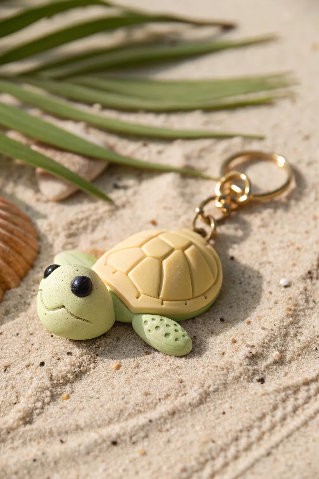 Tiny turtle shell charm keychain in polymer clay, sweet and beachy minimalist vibe.
