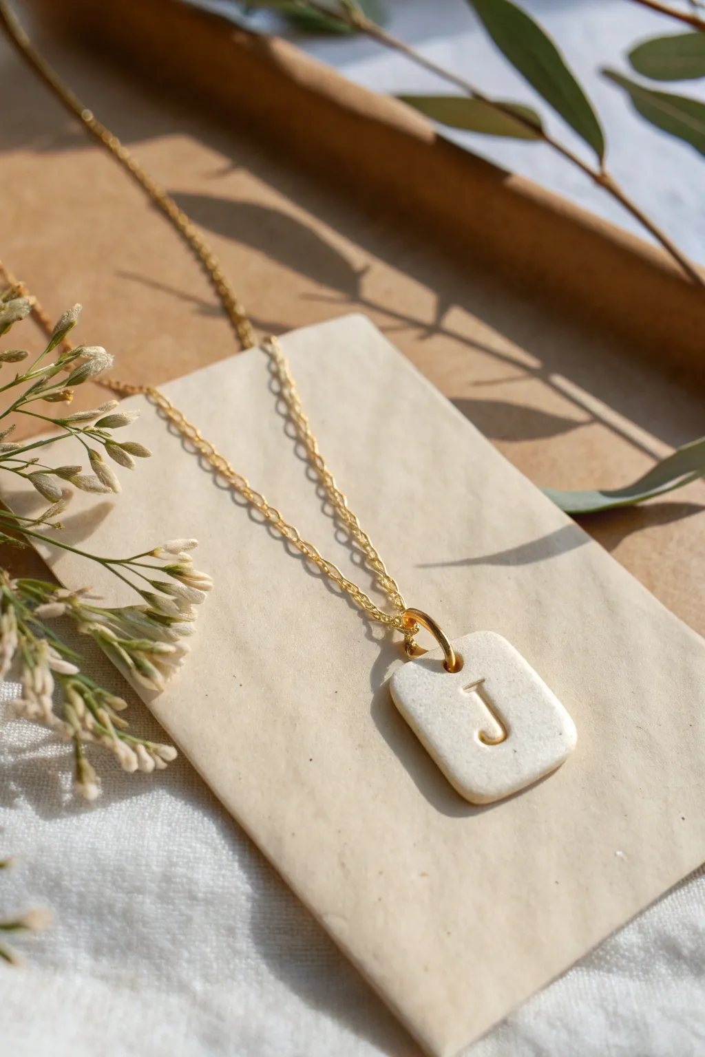 Minimal stamped initial polymer clay tag necklace on kraft paper, simple and sweet.