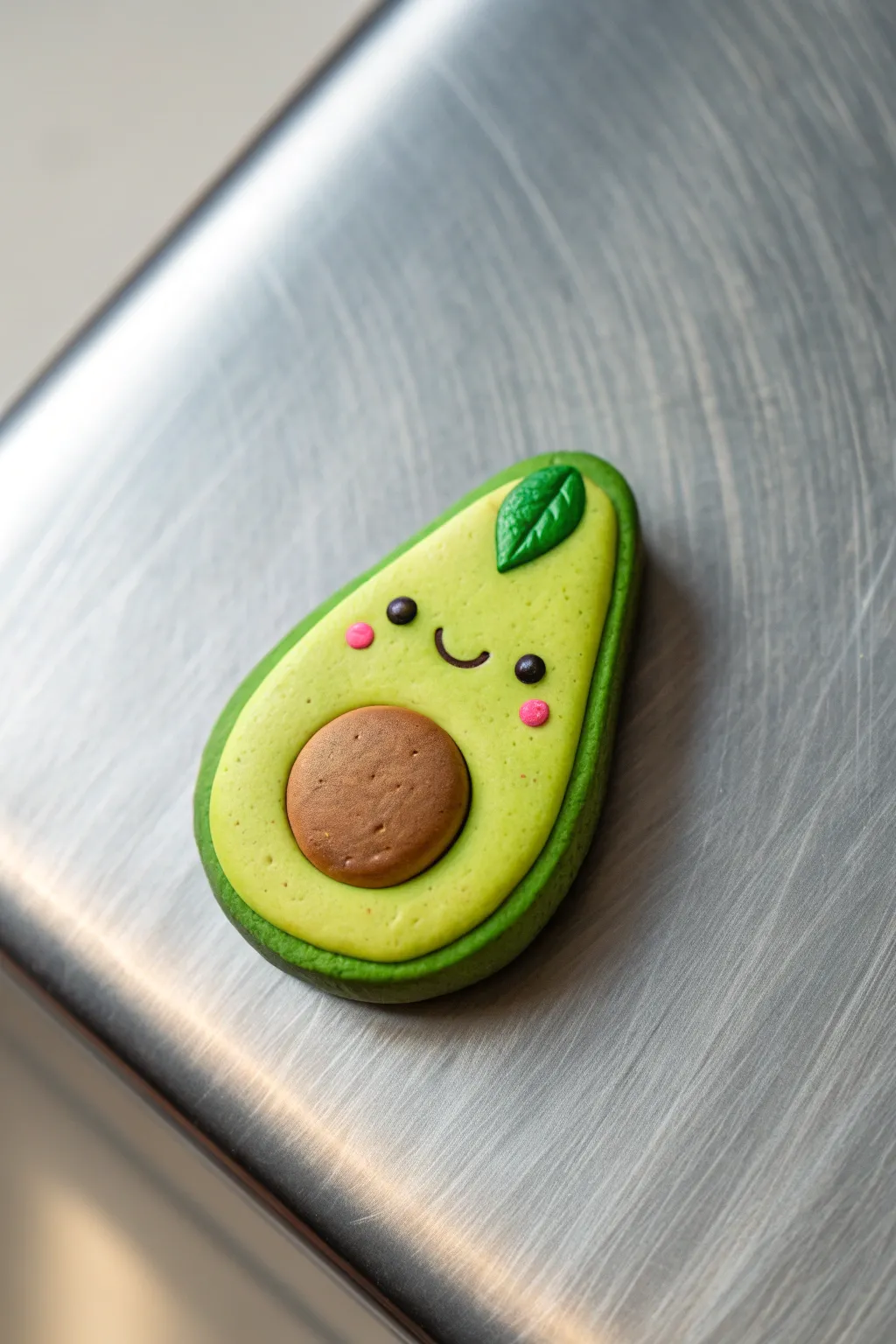 Kawaii avocado clay fridge magnet in bright green, minimalist styling and sweet handmade charm.