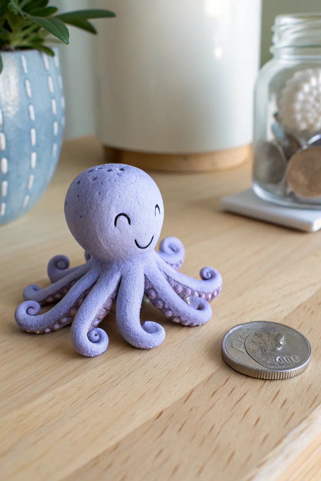 Pocket-size pastel clay octopus with curly arms, shown beside a coin for adorable scale