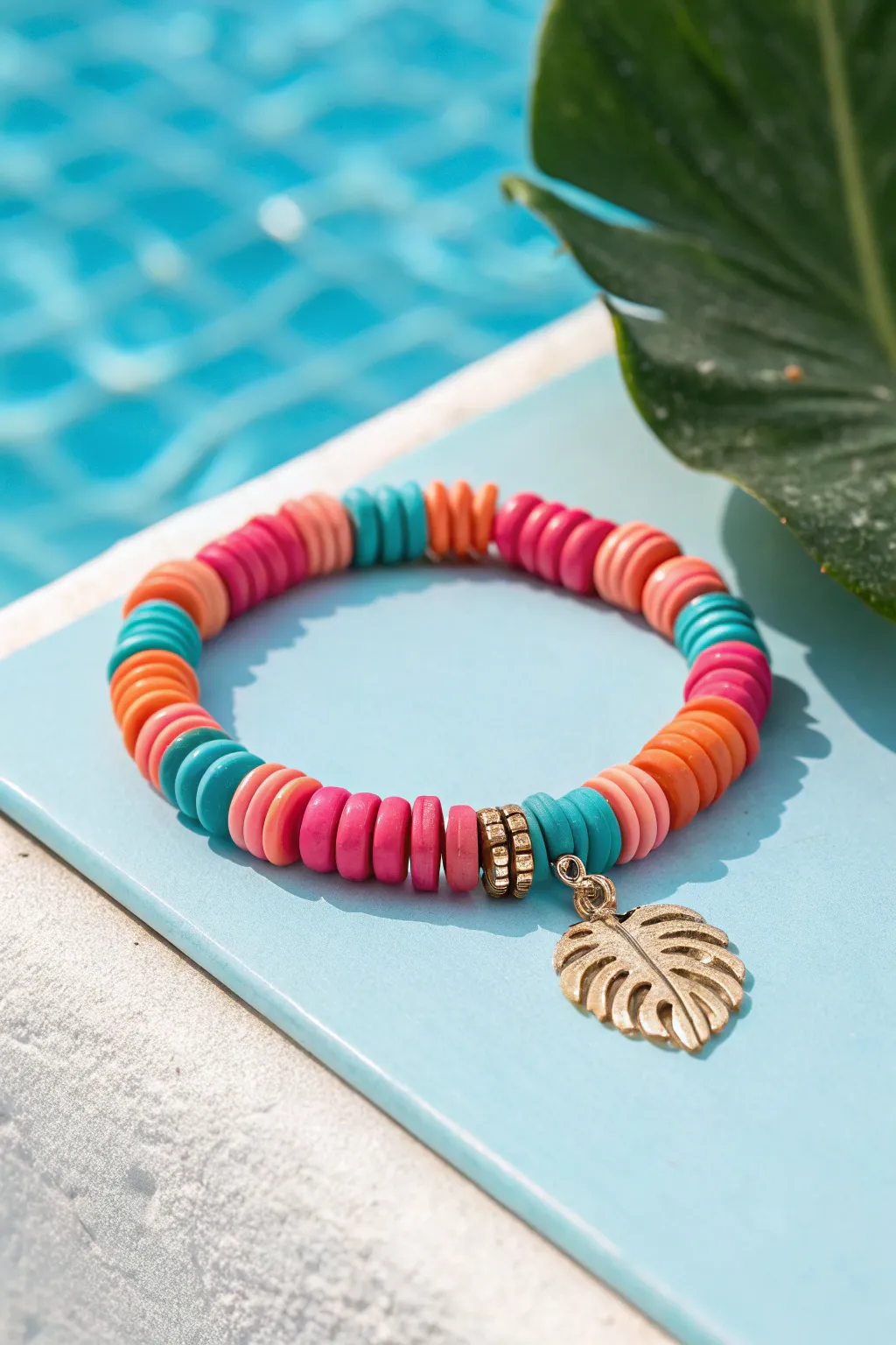 Tropical punch clay disc bracelet with a tiny leaf charm, bright, simple, and summery