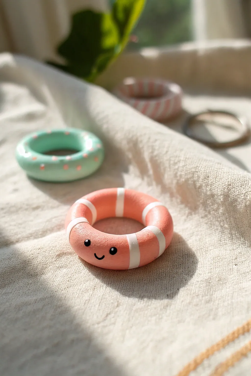 Adorable mini clay floatie ring friends in pastel tones, perfect cute summer charm idea