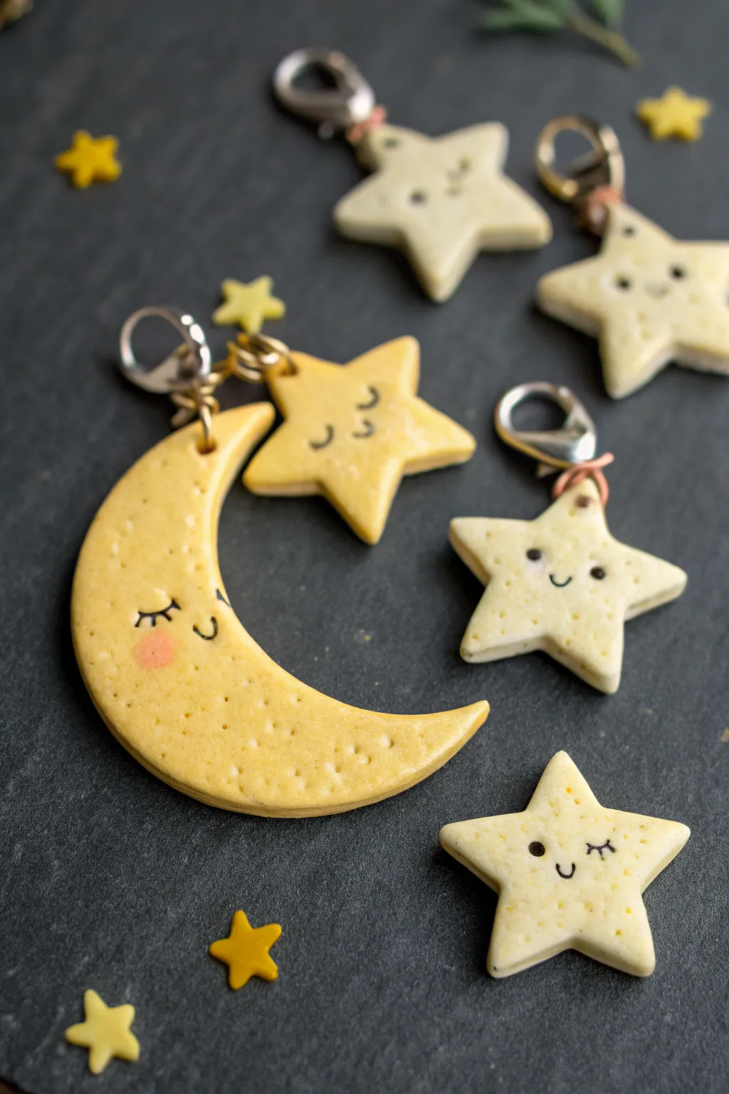 Tiny star and moon clay charms in soft creams on a dark backdrop for dreamy contrast.