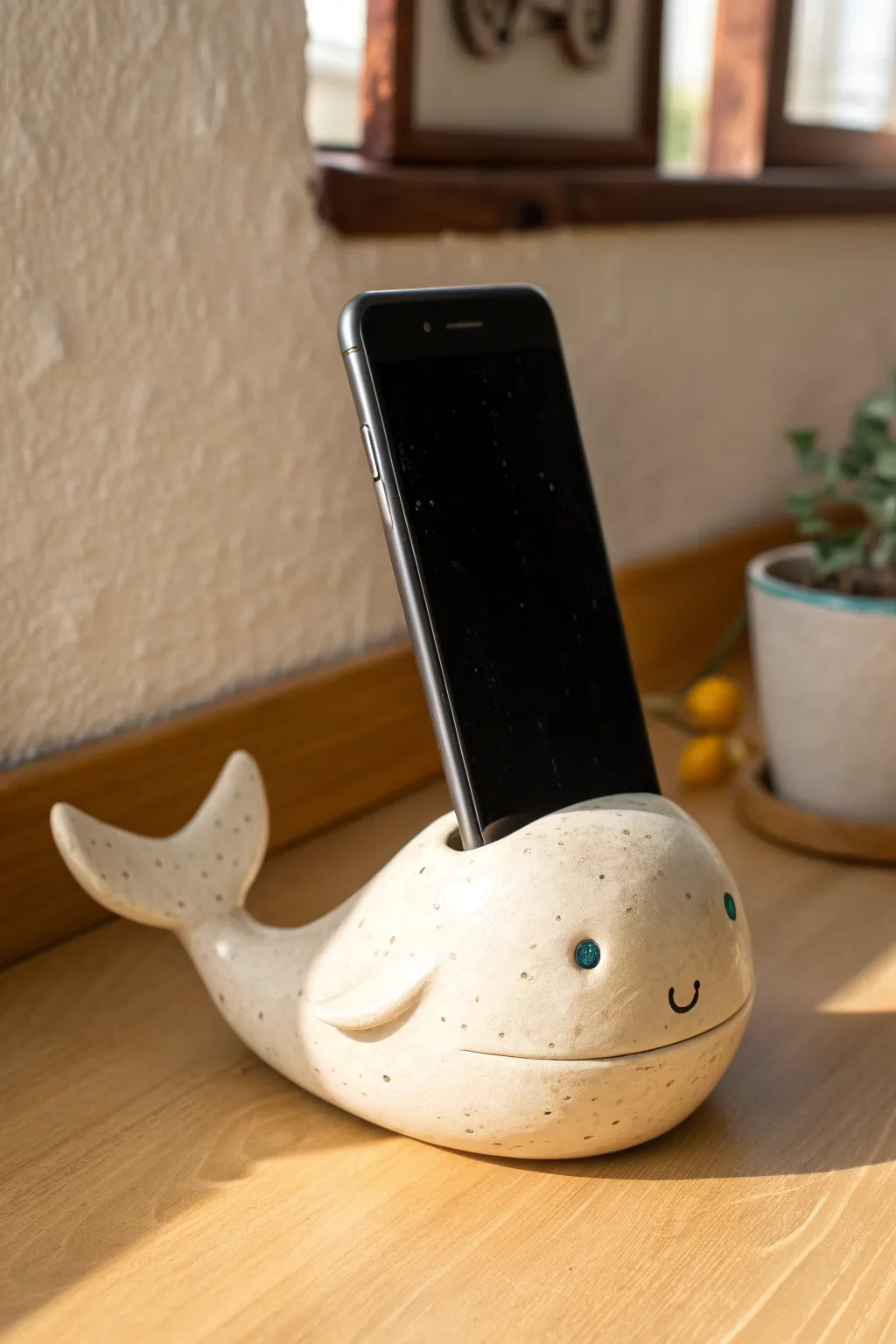 Cute whale phone stand in smooth matte clay, minimalist and boho, perfect for your desk.