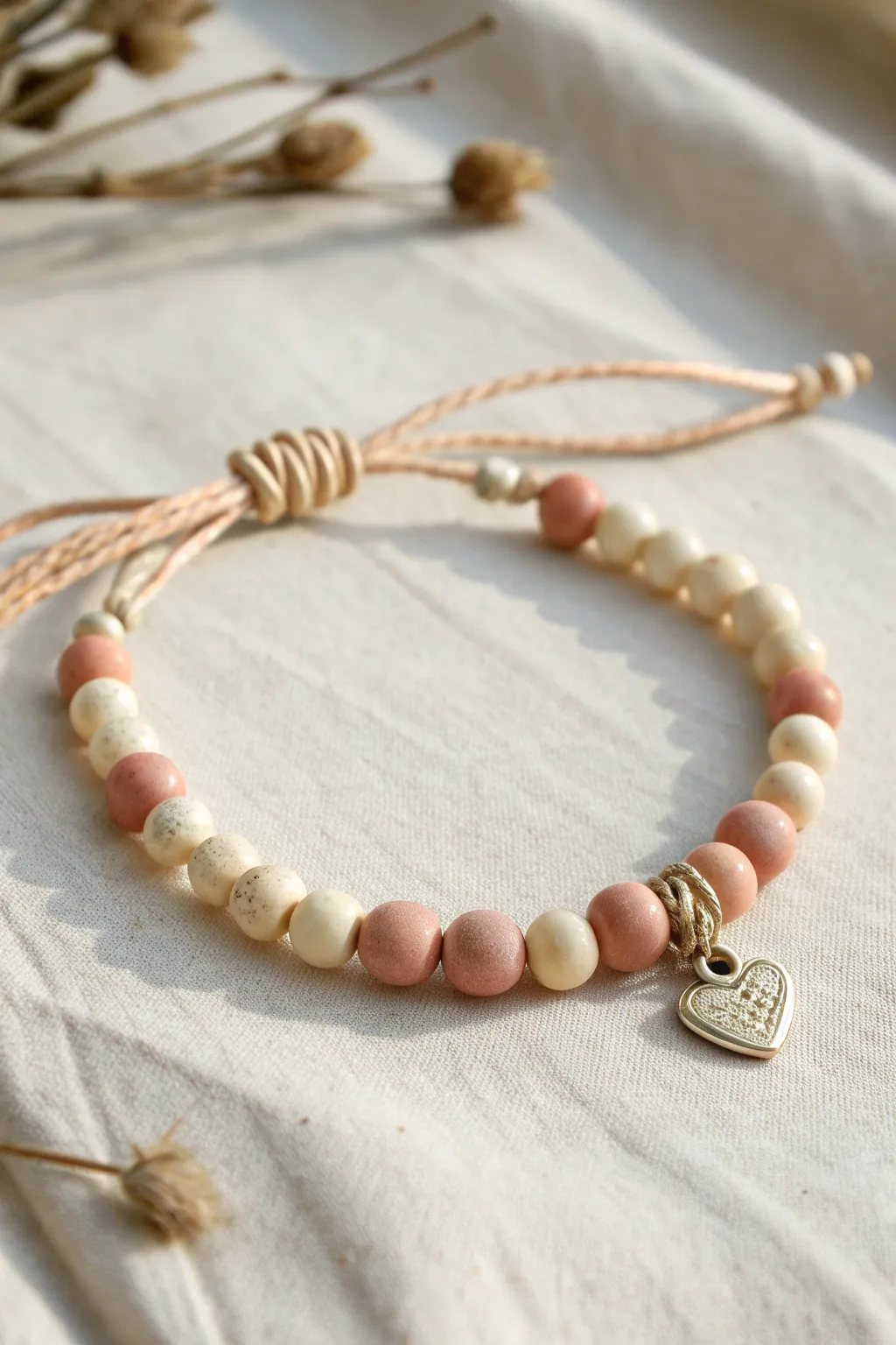 Mini charm drop heart bracelet in blush clay beads, minimalist Scandinavian boho Valentine aesthetic