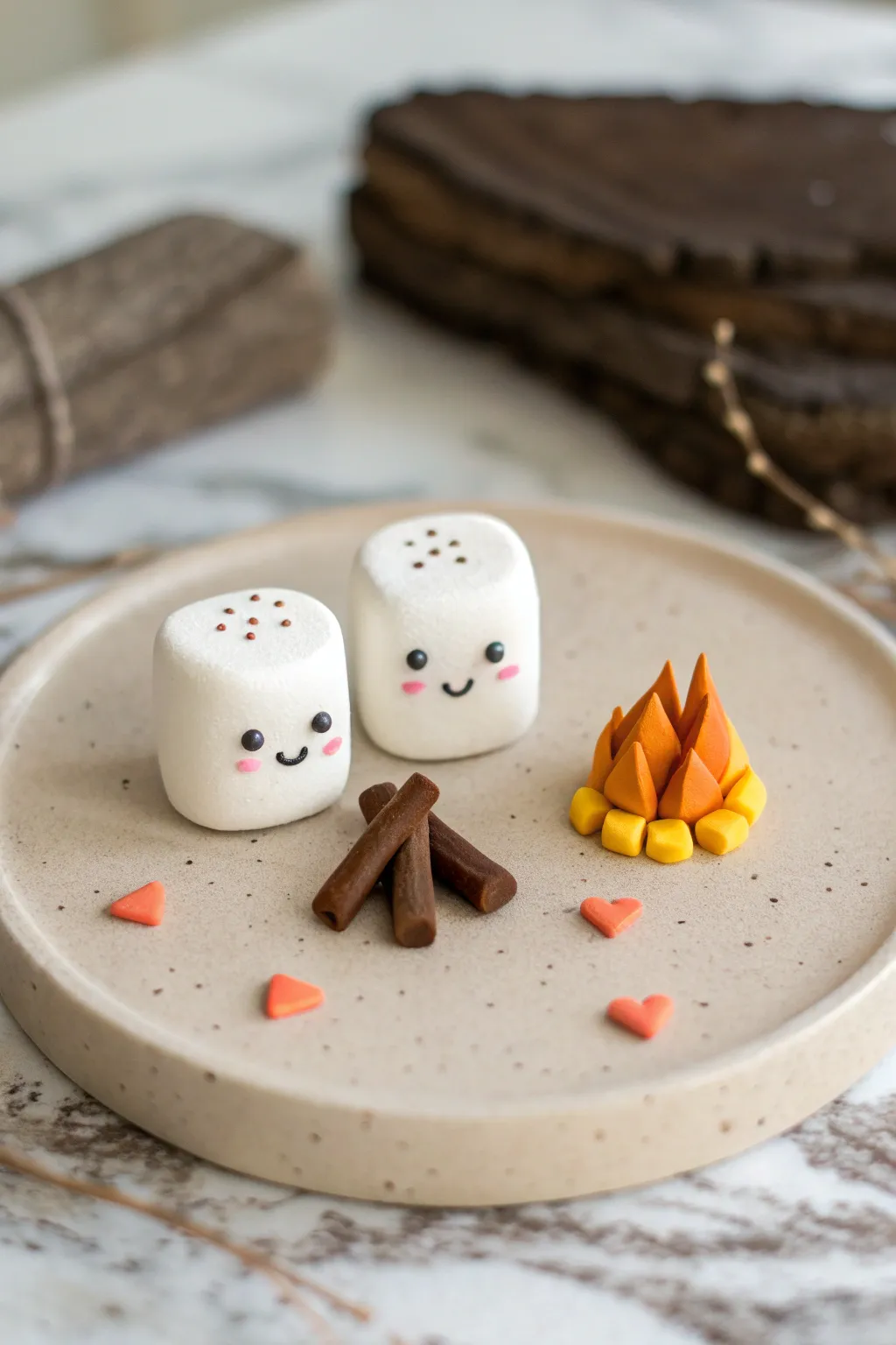 A cozy clay campfire diorama with two tiny marshmallows, perfect for an easy date-night idea.