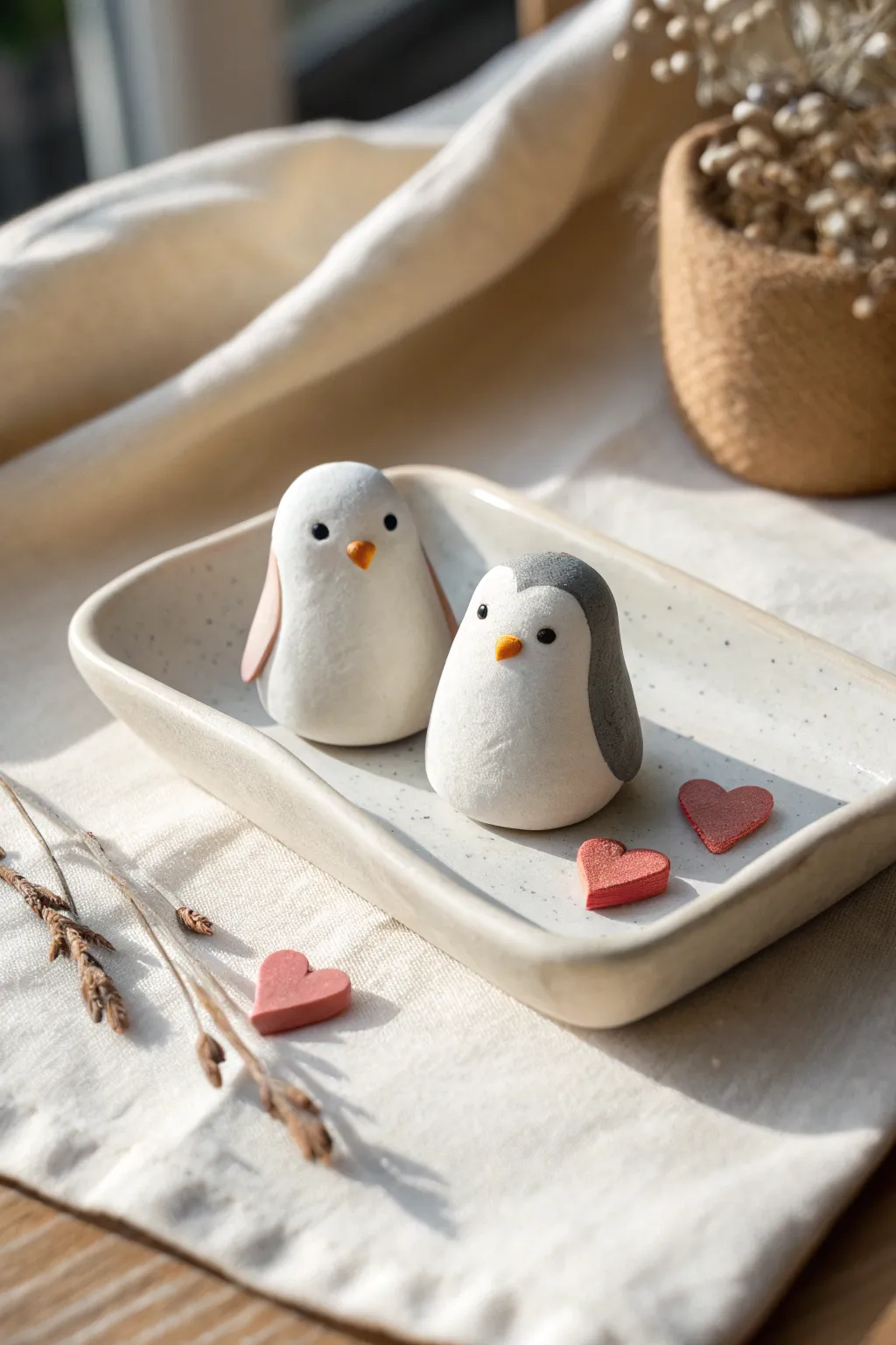 Sweet date night minis: two tiny clay penguins cuddling on a tray with a little heart