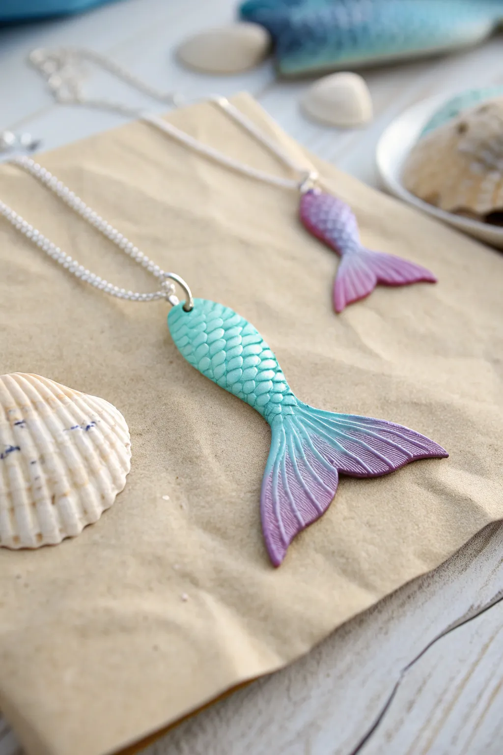 Teal-to-purple mermaid tail clay pendant with beachy minimalist styling and soft boho vibes.