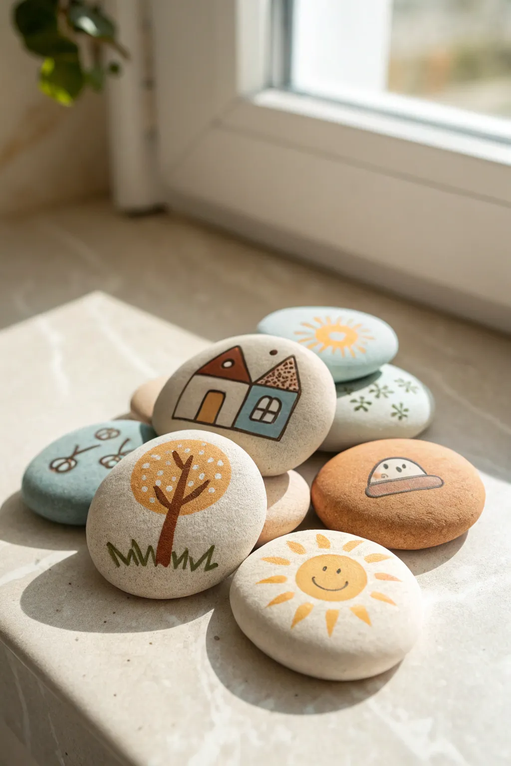 Painted clay story stones in soft boho tones, perfect for kids pretend play and calm decor.