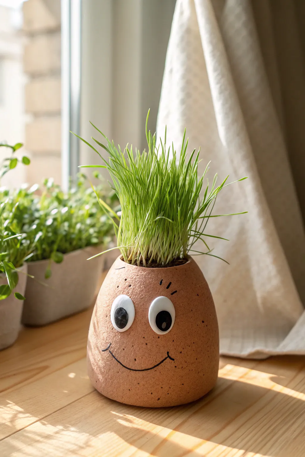 Goofy clay monster chia pet with wild green grass hair, minimalist boho decor vibe